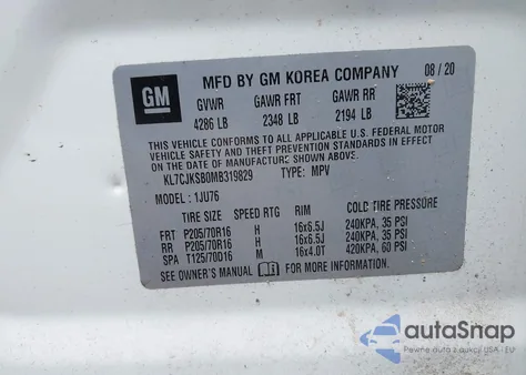 2021 Chevrolet Trax Fwd Ls z USA, uszkodzony, nr VIN KL7CJKSB0MB319829